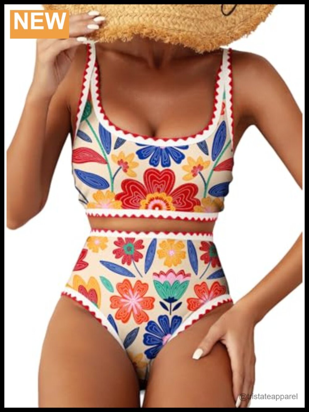 Whip Stitch Floral High Waisted Bikini Scoop Neck Two Piece Swimsuit